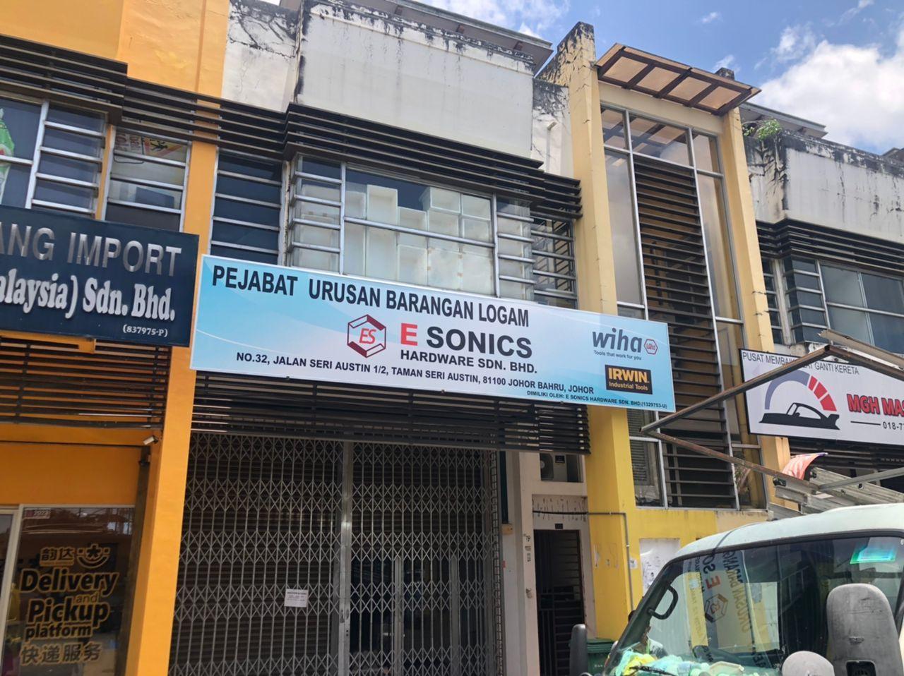 E Sonics Hardware office building with a sign displaying address in Johor Bahru, Malaysia.